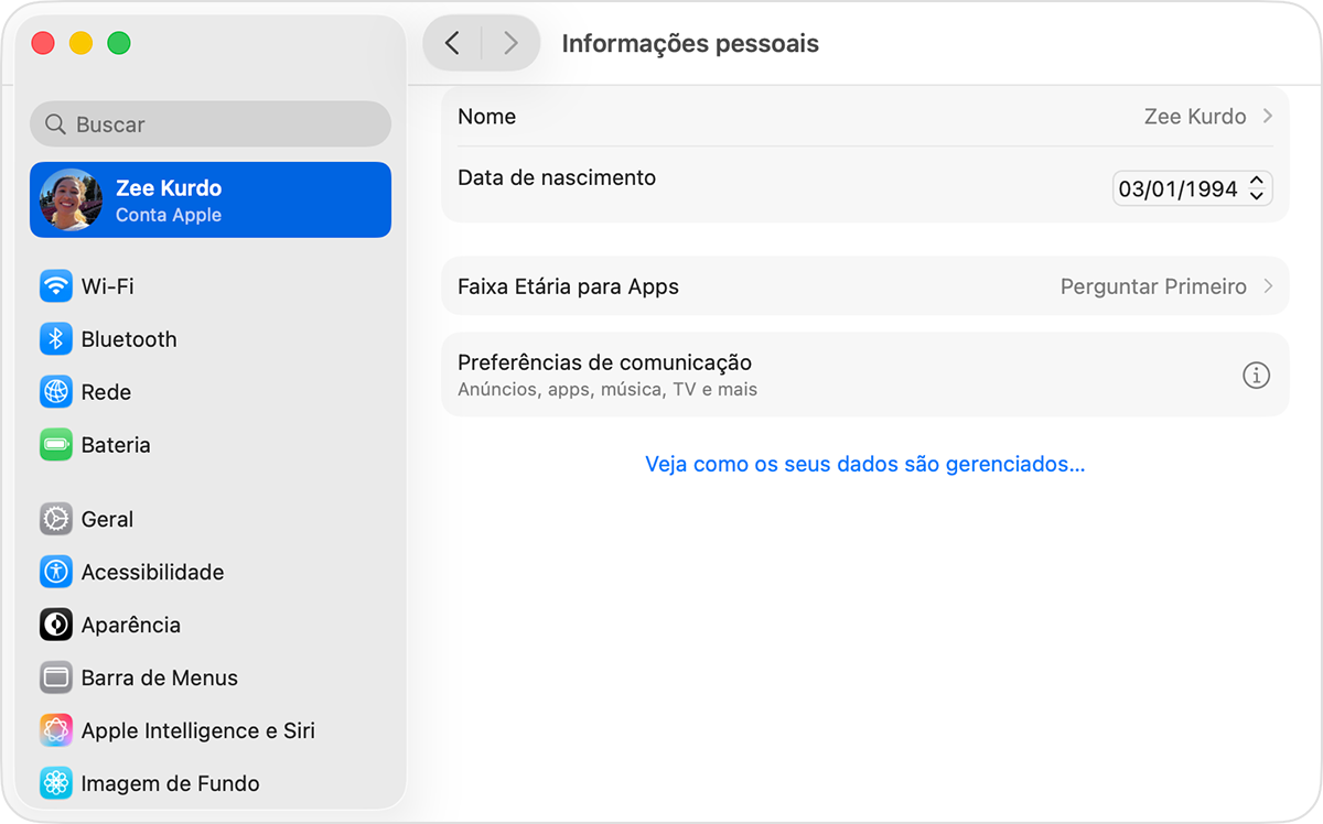 Configurações da conta Apple no Mac mostrando Aniversário