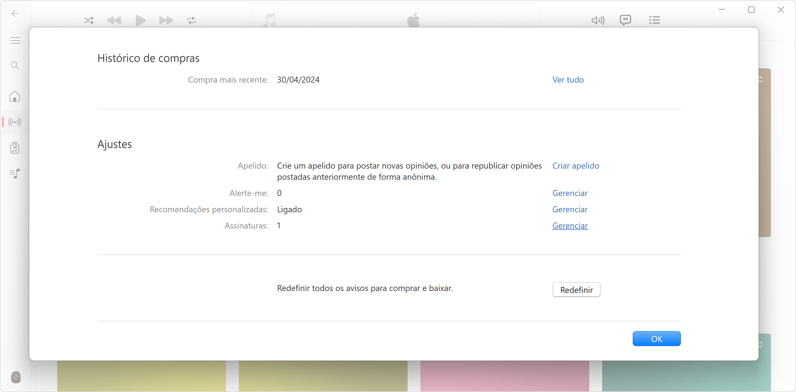 Ajustes da Conta Apple no app Apple Music para Windows.