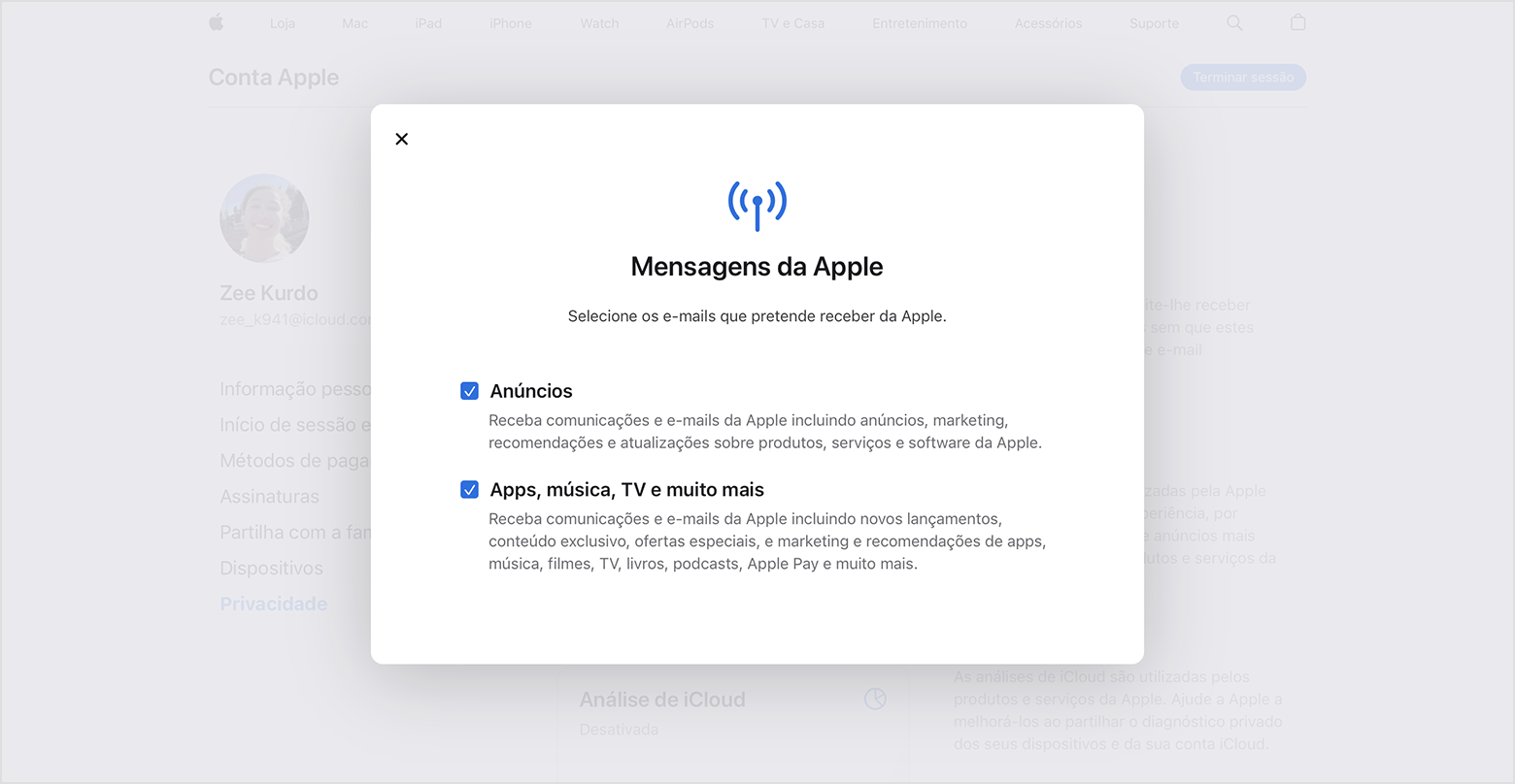 O site da conta Apple a mostrar os tipos de e-mails que pode assinar