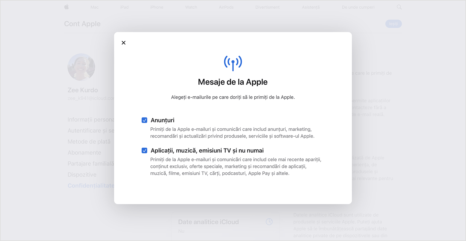 Site-ul web pentru contul Apple afișând tipurile de e-mailuri la care poți să te abonezi