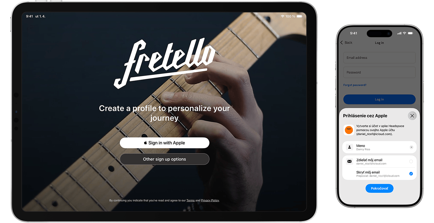 iPad a iPhone s tlačidlom Prihlásenie cez Apple v apkách.