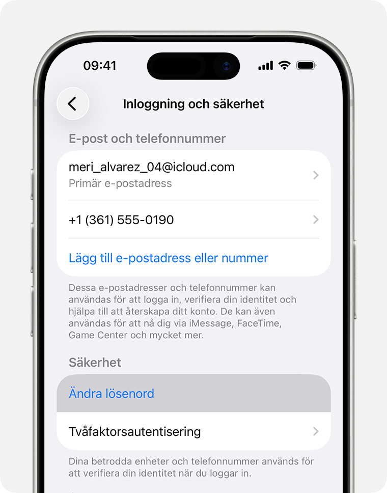 En iPhone som visar knappen Ändra lösenord i Inställningar.