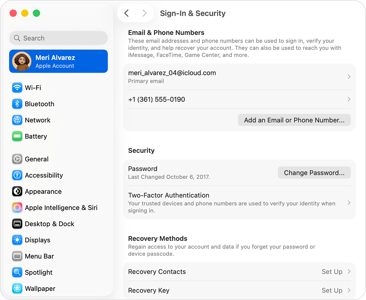 Mac showing sign-in and security settings.