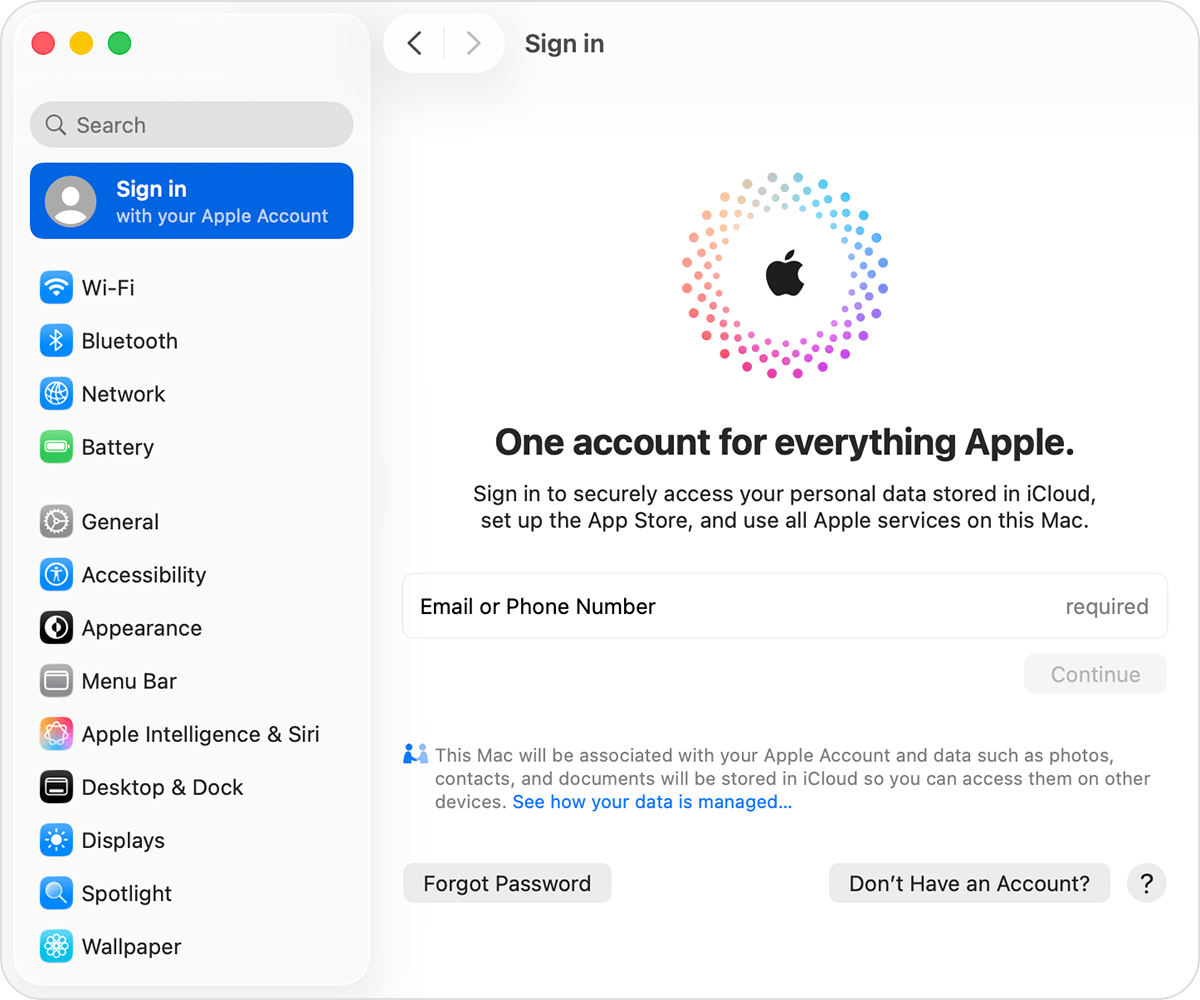 Mac screen showing the button for Don't Have An Account?