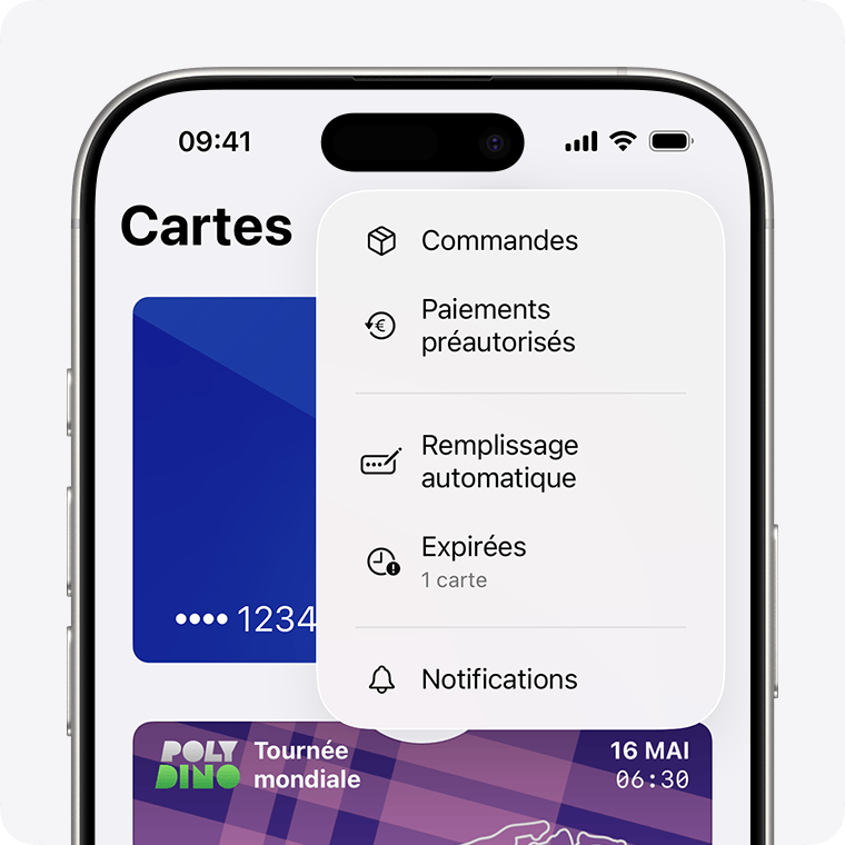 Une option permettant d’afficher une carte expirée dans l’app Cartes.