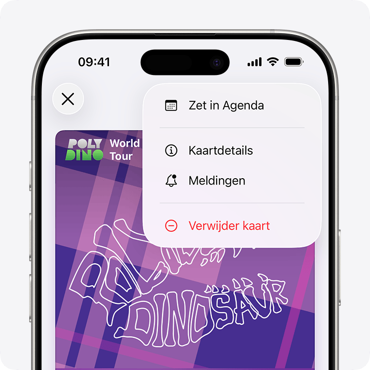 Een optie om een kaart te verwijderen in de Wallet-app.