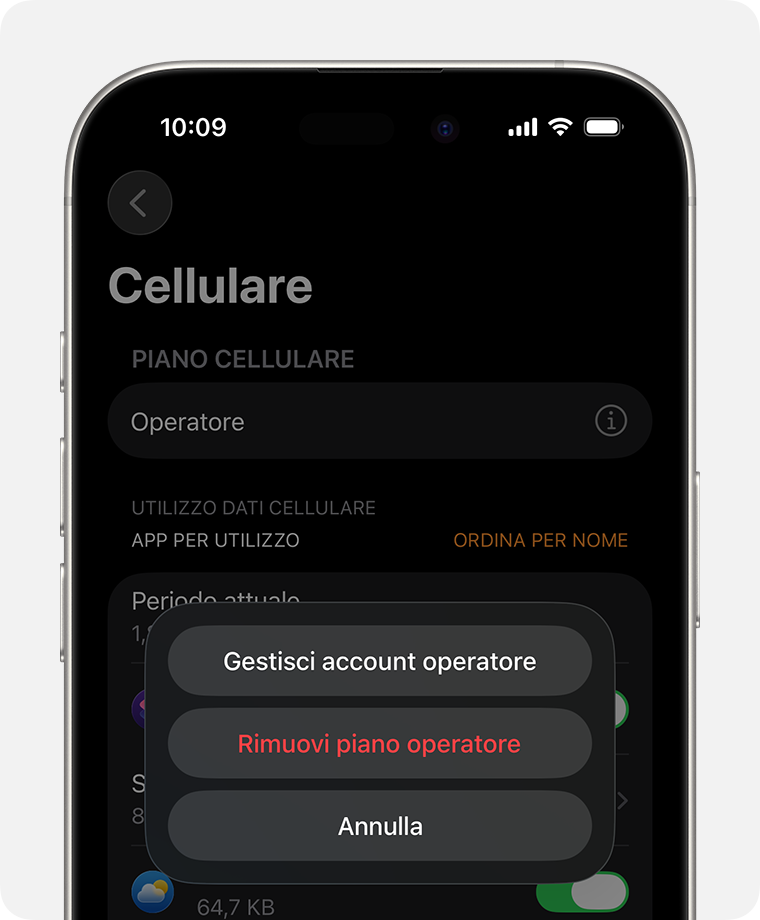 iPhone che mostra la schermata Cellulare nell'app Watch