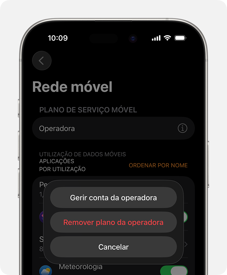 iPhone a mostrar o ecrã Dados móveis na app Watch
