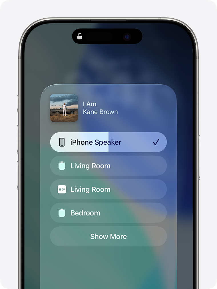 HomePod speakers and an Apple TV appear for selection on an iPhone screen.