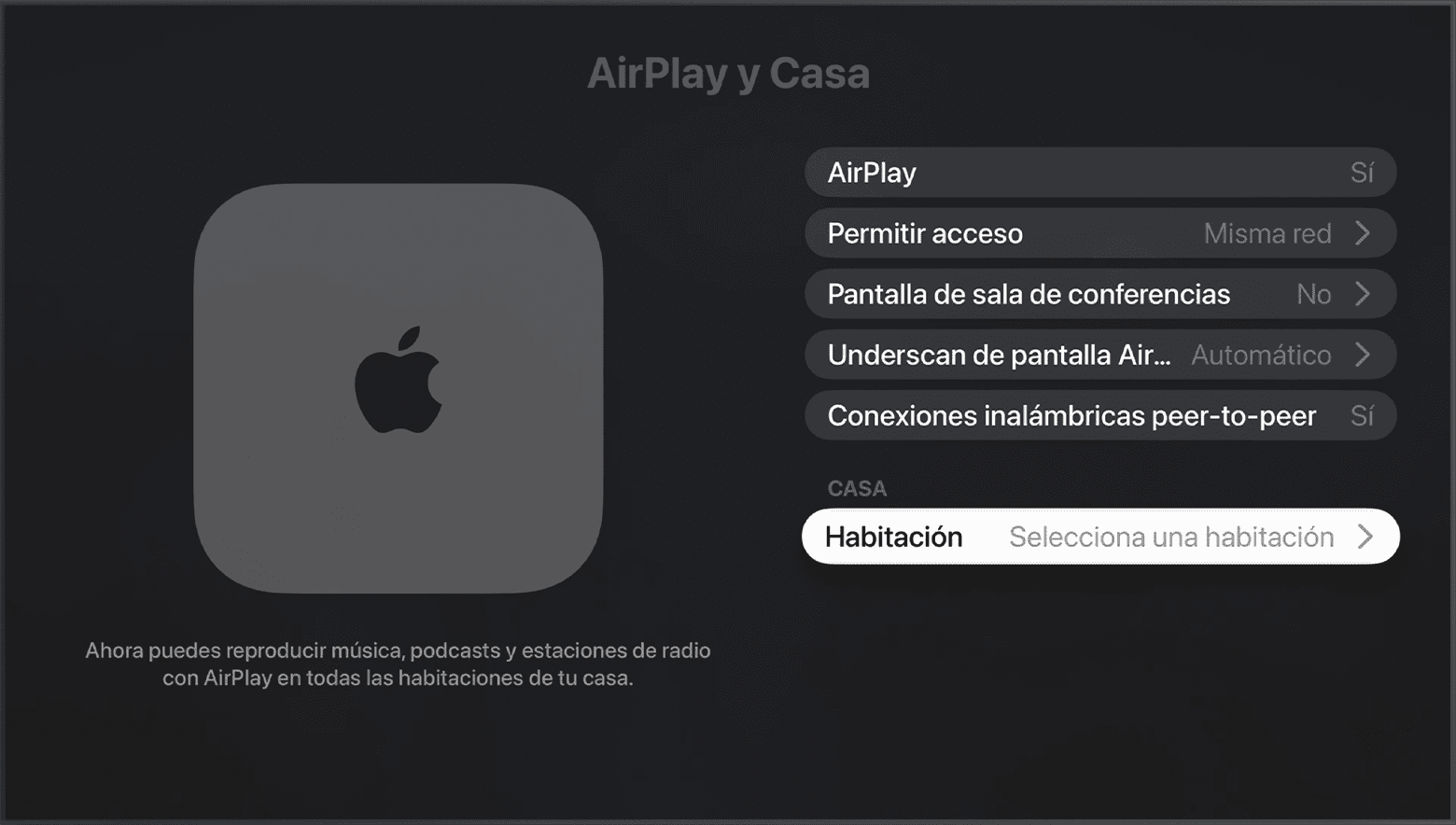 La habitación aparece debajo de Casa de Apple en AirPlay y en la pantalla Casa de Apple en la configuración del Apple TV