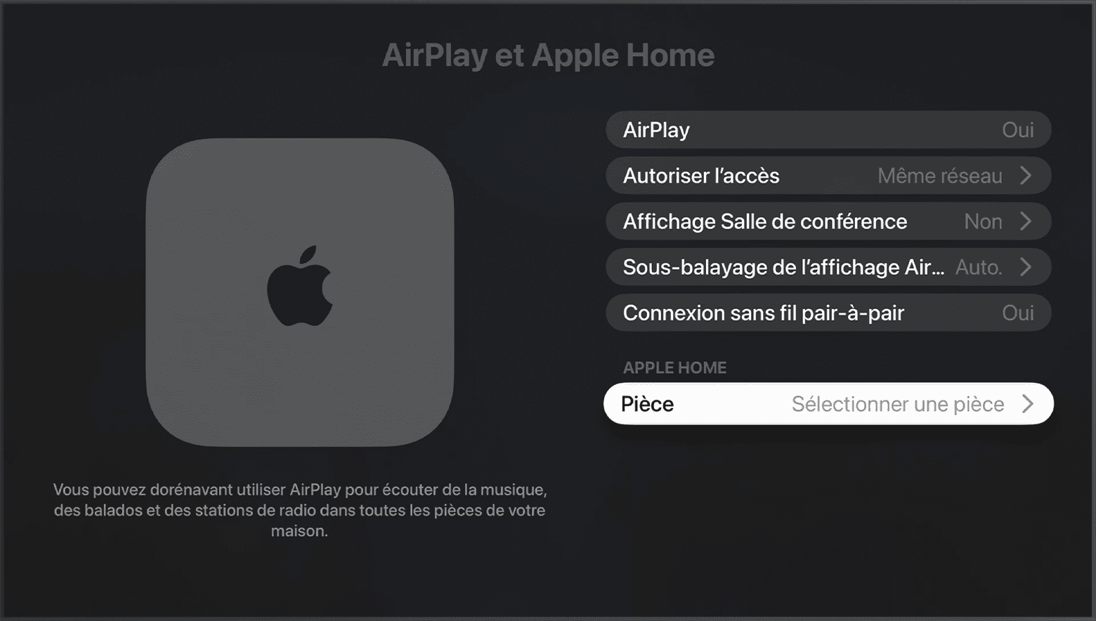 La pièce s’affiche sous Apple Home dans l’écran AirPlay et Apple Home dans les réglages d’Apple TV