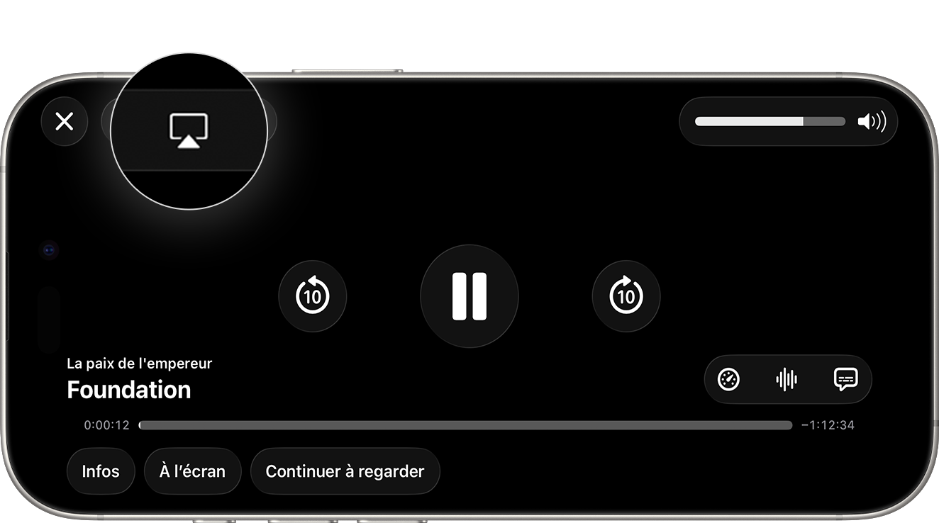 Bouton AirPlay mis en évidence dans l’angle inférieur droit de l’écran de l’iPhone pendant la lecture d’une vidéo.