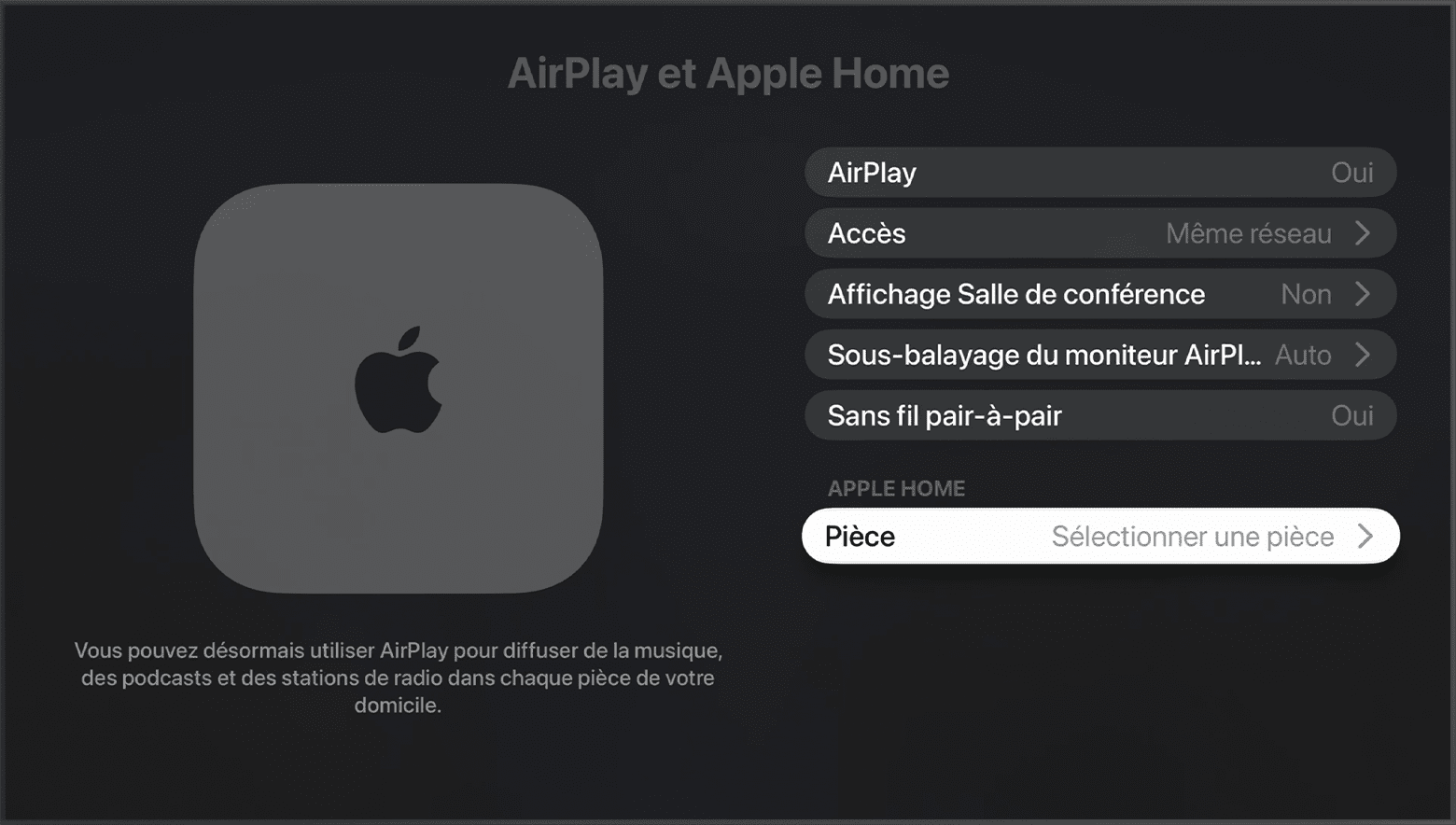L’option Pièce apparaît sous Apple Home sur l’écran AirPlay et Apple Home des réglages de l’Apple TV