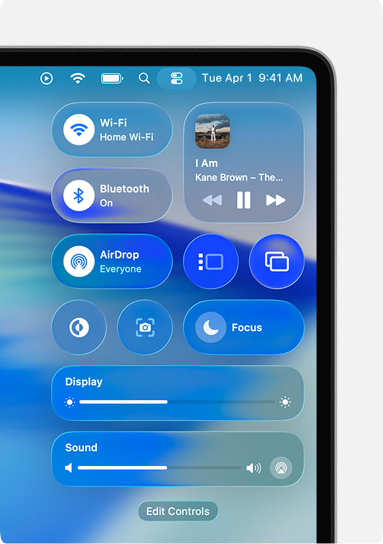 Various Control Centre modules appear below the menu bar on Mac.