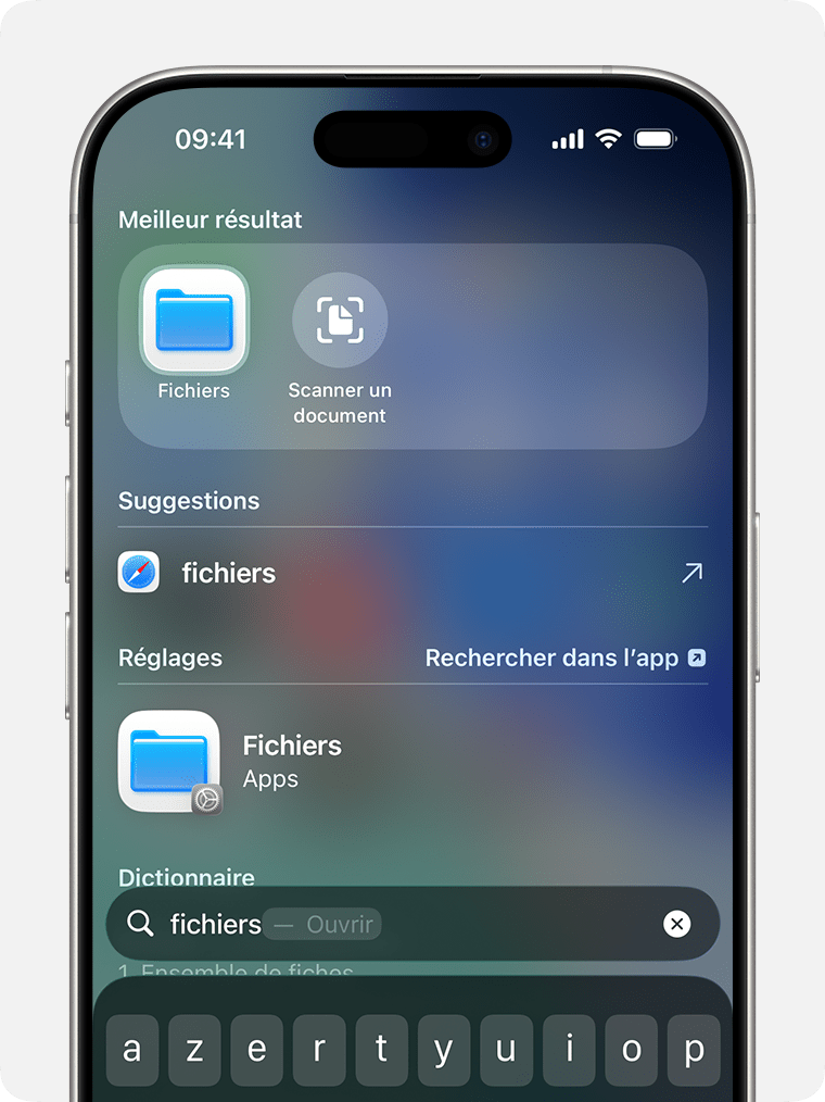 Lorsque vous recherchez « fichiers » sur un iPhone, l’icône de l’app Fichiers apparaît en haut de l’écran, sous Meilleurs résultats.