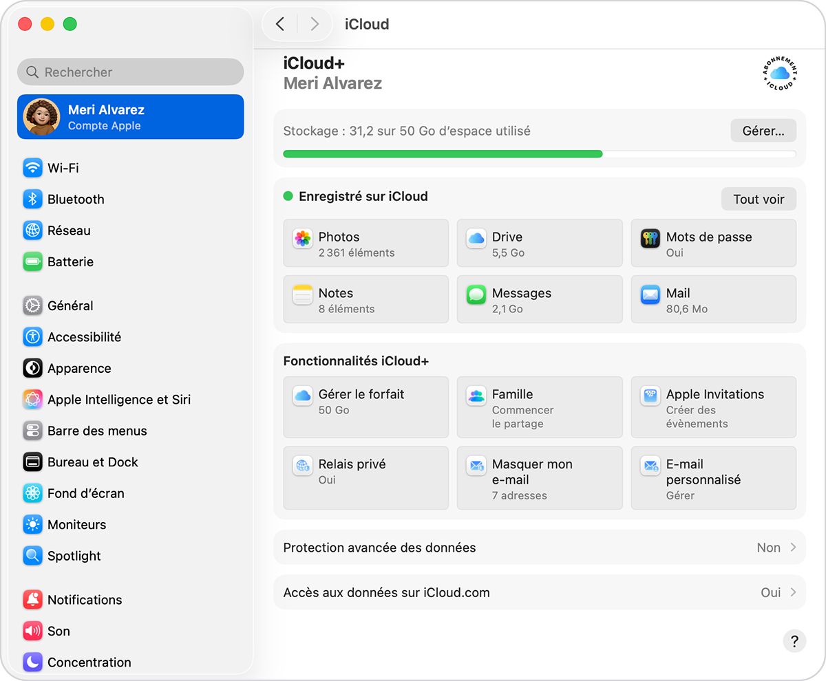 Dans vos réglages iCloud sur un Mac, l’espace de stockage utilisé apparaît en haut du menu. En dessous se trouve l’option Enregistré sur iCloud, où vous pouvez sélectionner Photos, Drive, Mots de passe et d’autres apps qui enregistrent des données dans iCloud.