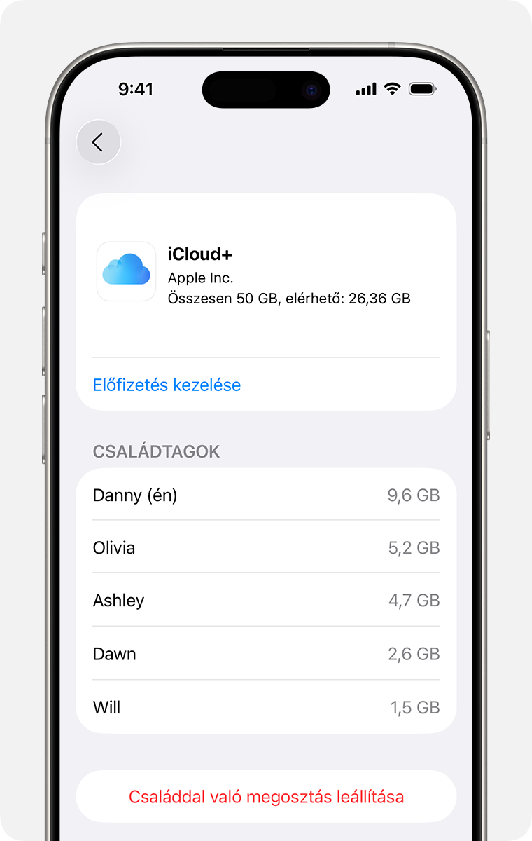 Egy iPhone képernyője, amelyen az iCloud+-előfizetés ellenőrzésének és kezelésének lépései láthatók.