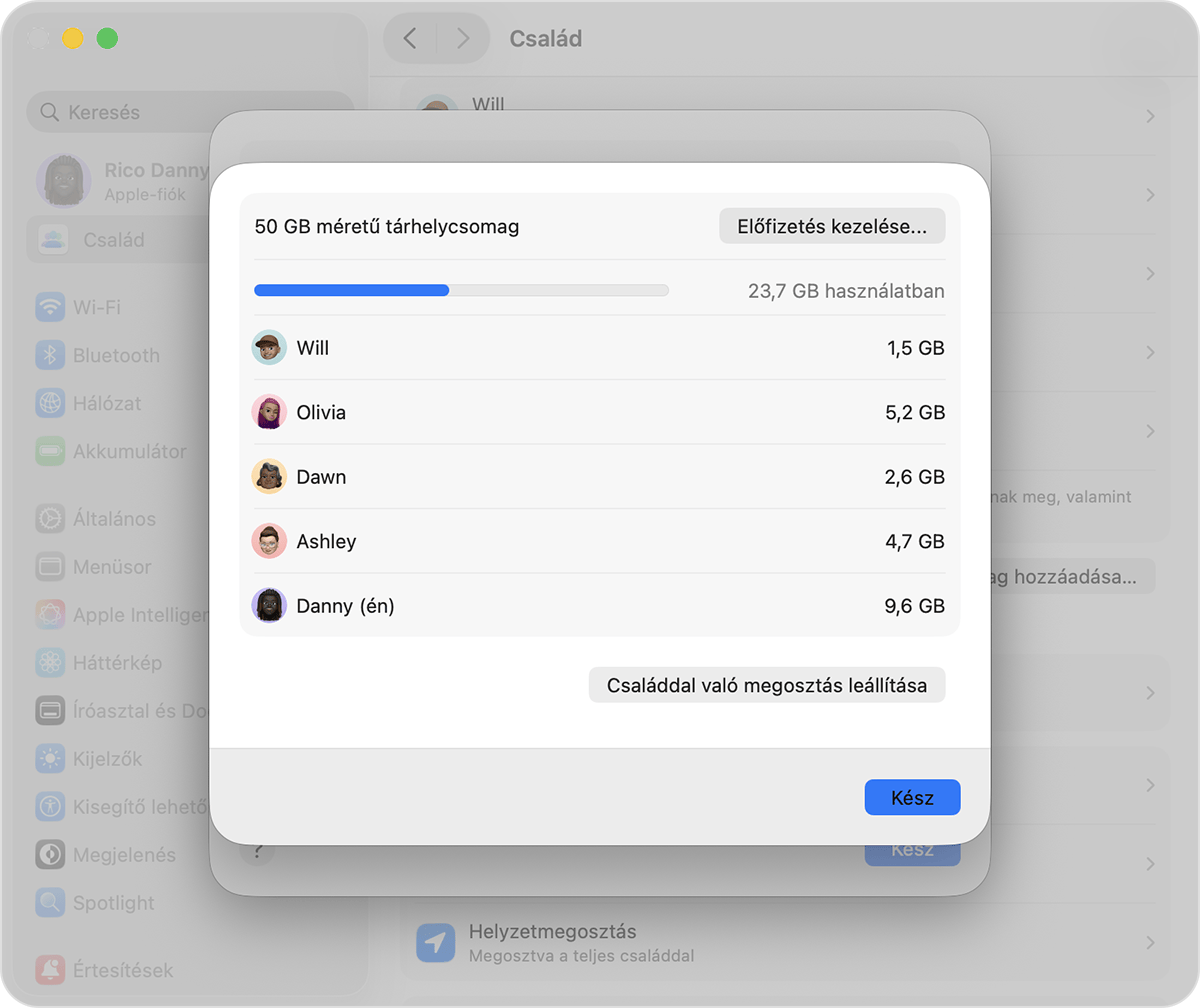 Egy Mac képernyője, amelyen az iCloud+-előfizetés ellenőrzésének és kezelésének lépései láthatók.