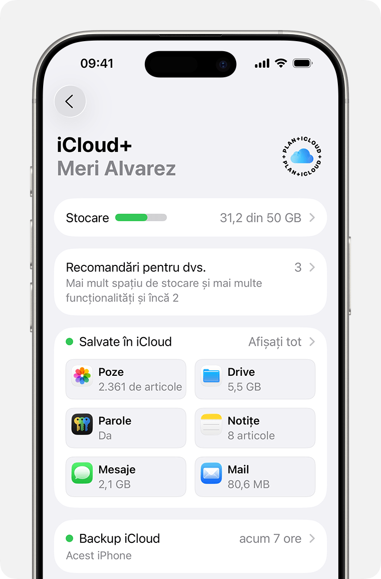 Un ecran iPhone care afișează configurările iCloud. Afișați tot se află lângă Salvate în iCloud.