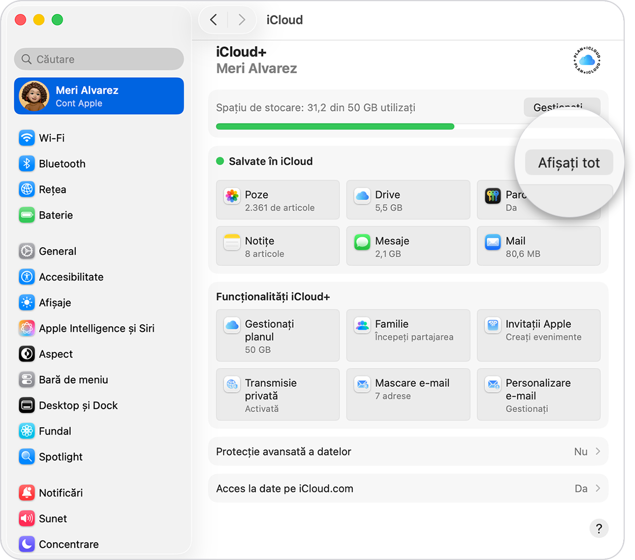 Un ecran Mac care afișează configurările iCloud. Afișați tot se află lângă Salvate în iCloud.
