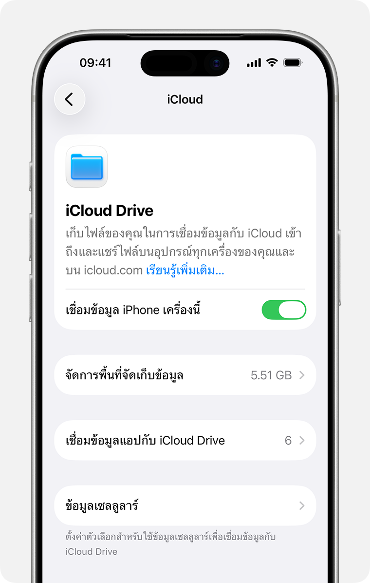 หน้าจอ iPhone ที่แสดงการตั้งค่า iCloud Drive “เชื่อมข้อมูล iPhone เครื่องนี้” เป็นคำสั่งที่อยู่ใต้คําอธิบายของ iCloud Drive
