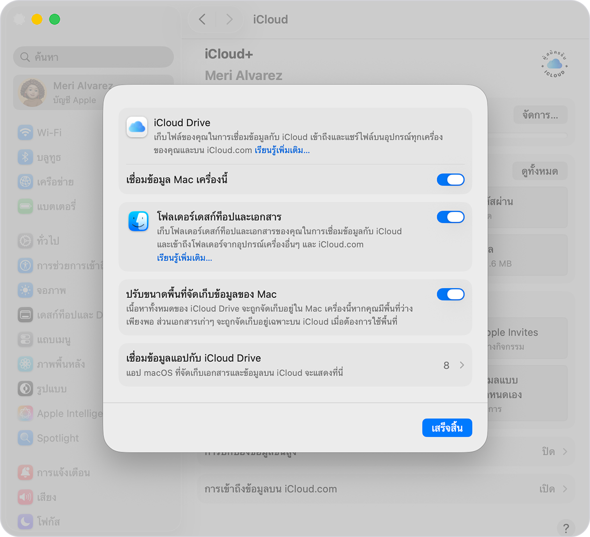 หน้าจอ macOS ที่แสดงการตั้งค่า iCloud Drive “เชื่อมข้อมูล Mac เครื่องนี้” เป็นคำสั่งที่อยู่ใต้คําอธิบายของ iCloud Drive