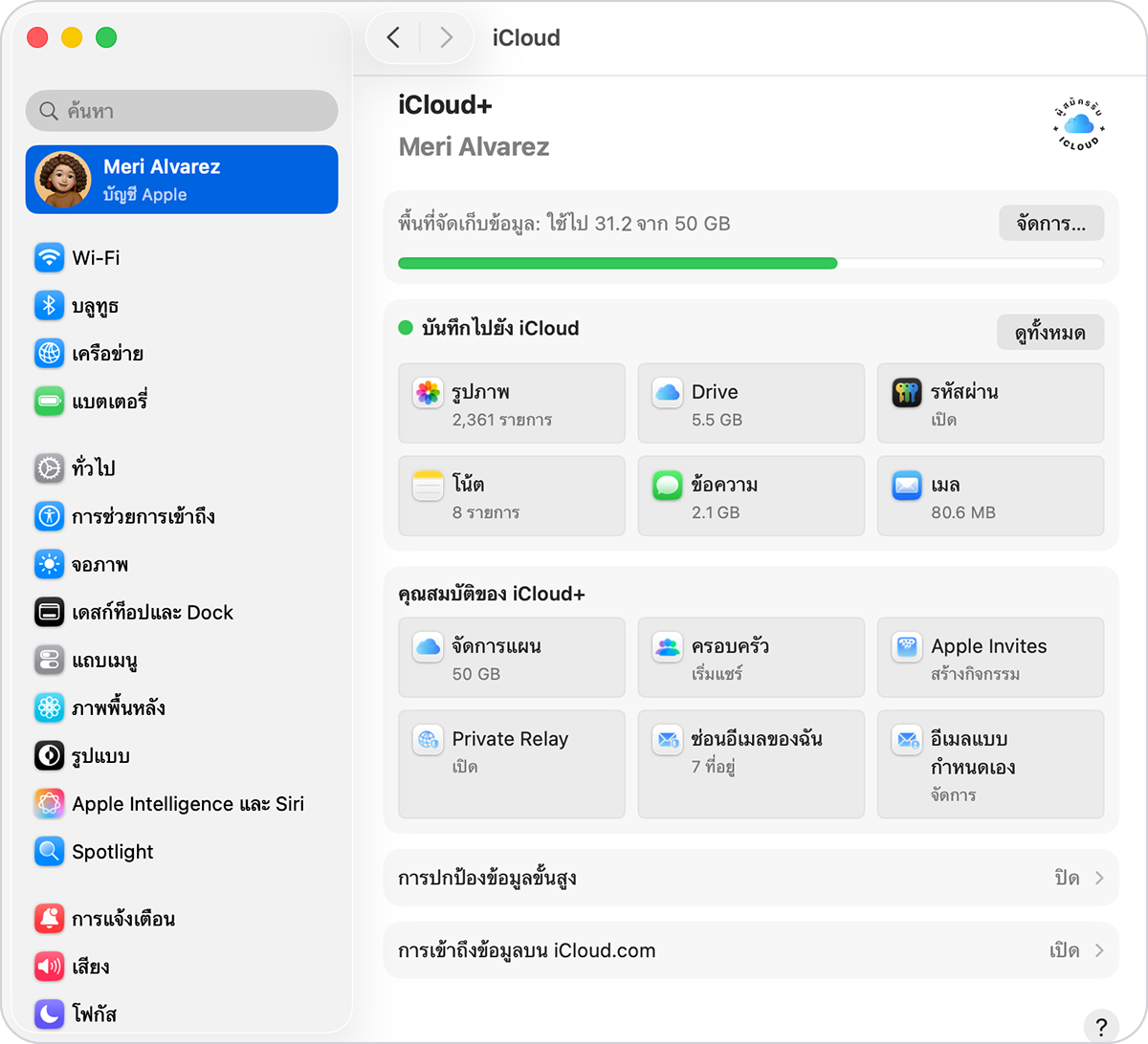 ในการตั้งค่า iCloud บน Mac ขนาดพื้นที่จัดเก็บข้อมูลที่ใช้ไปจะอยู่ที่ด้านบนสุดของเมนู ด้านล่างคือ “บันทึกไปยัง iCloud” ซึ่งคุณสามารถเลือกแอปรูปภาพ ไดรฟ์ รหัสผ่าน และแอปอื่นๆ ที่จะบันทึกข้อมูลไปยัง iCloud ได้