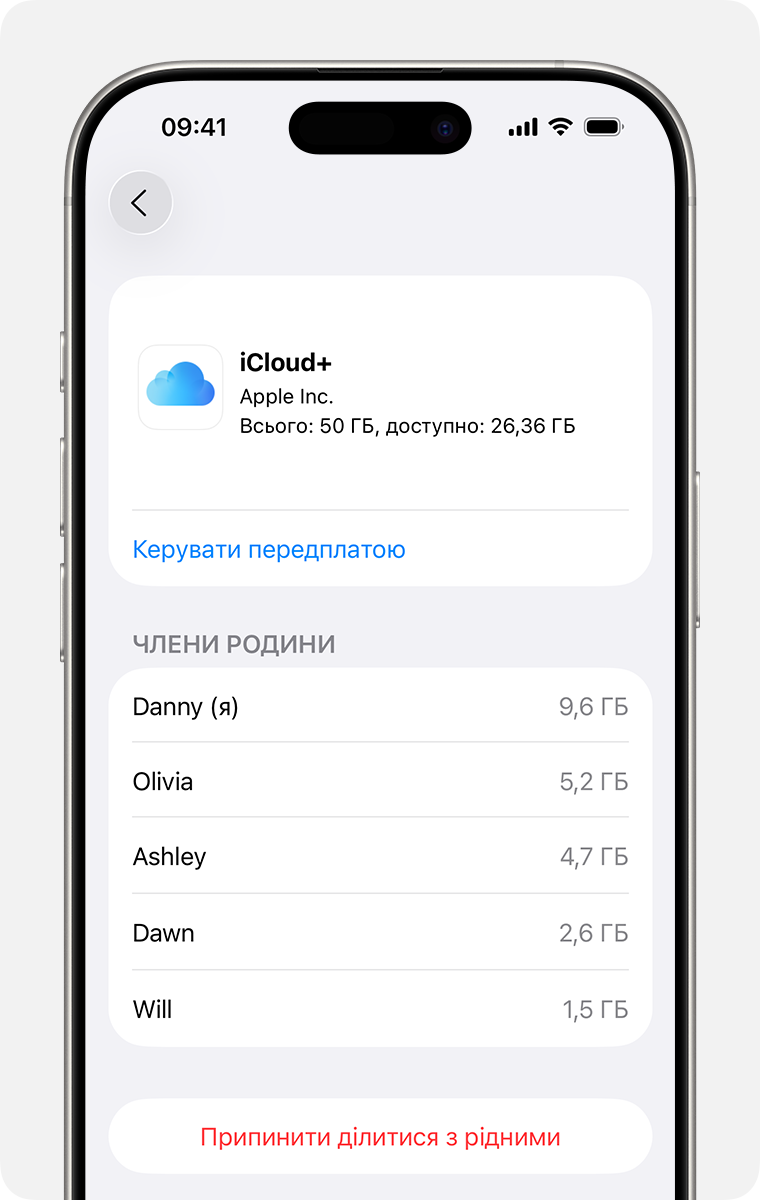 Екран iPhone, на якому показано кроки для перевірки підписки на iCloud+ і керування нею.