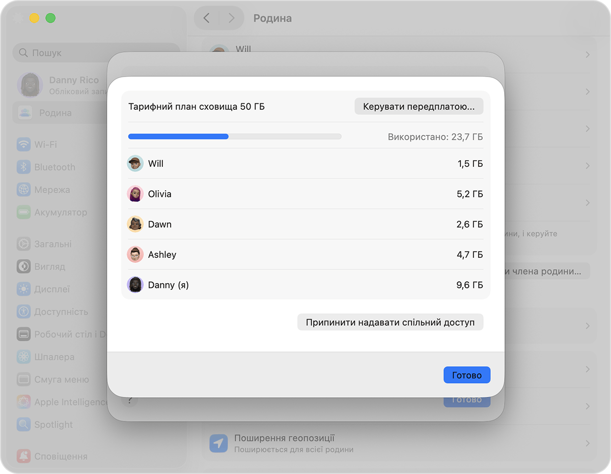 Екран Mac, на якому показано кроки для перевірки підписки на iCloud+ і керування нею.