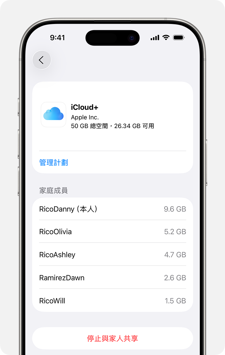 iPhone 畫面顯示查看和管理 iCloud+ 訂閱項目的步驟。