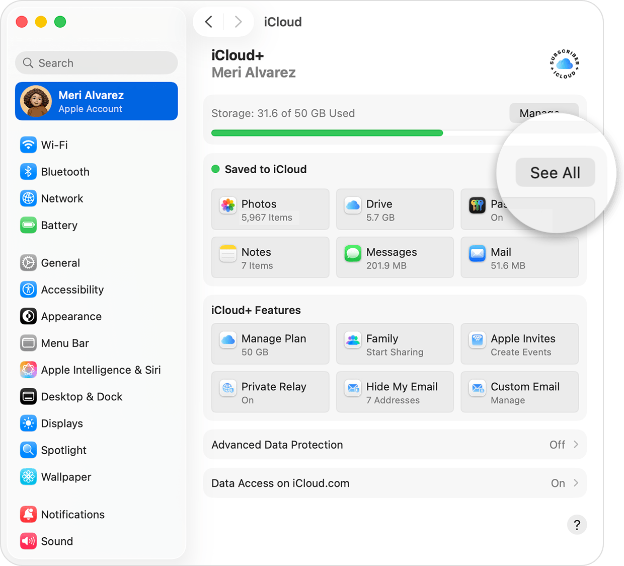 A Mac screen showing iCloud settings. See All is next to Saved to iCloud.