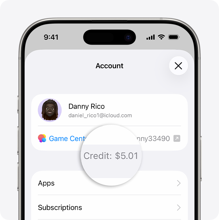 The Account screen in the App Store on iOS, with the account balance displayed.