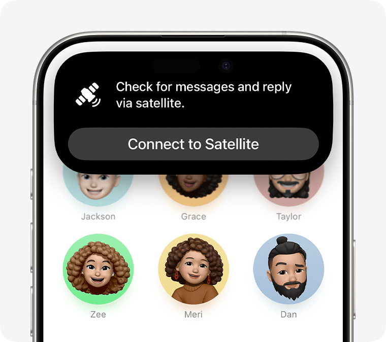 Mitteilung in „Nachrichten“: „Nachrichten prüfen und über Satellit antworten“ mit einer Taste zum Verbinden, angezeigt, wenn sich das iPhone außerhalb der Reichweite befindet.