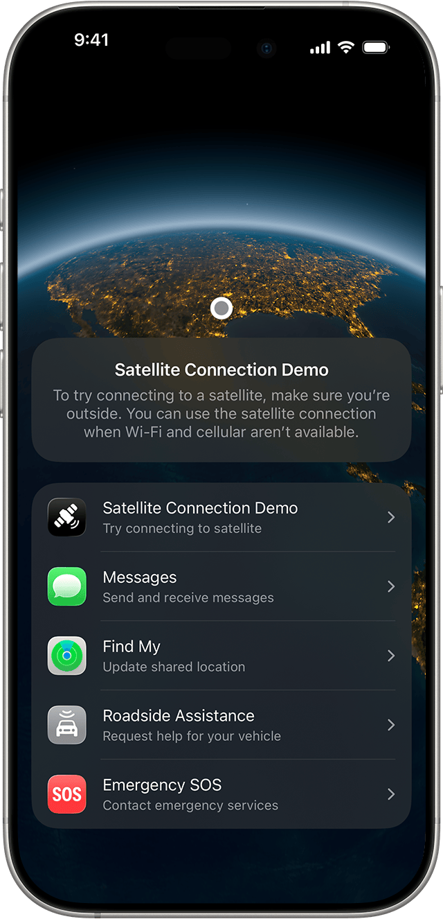 Bildschirmfoto der App „Einstellungen“ auf dem iPhone mit dem Pfad zur Demo der Satellitenverbindung: Apps > Nachrichten > Demo der Satellitenverbindung.
