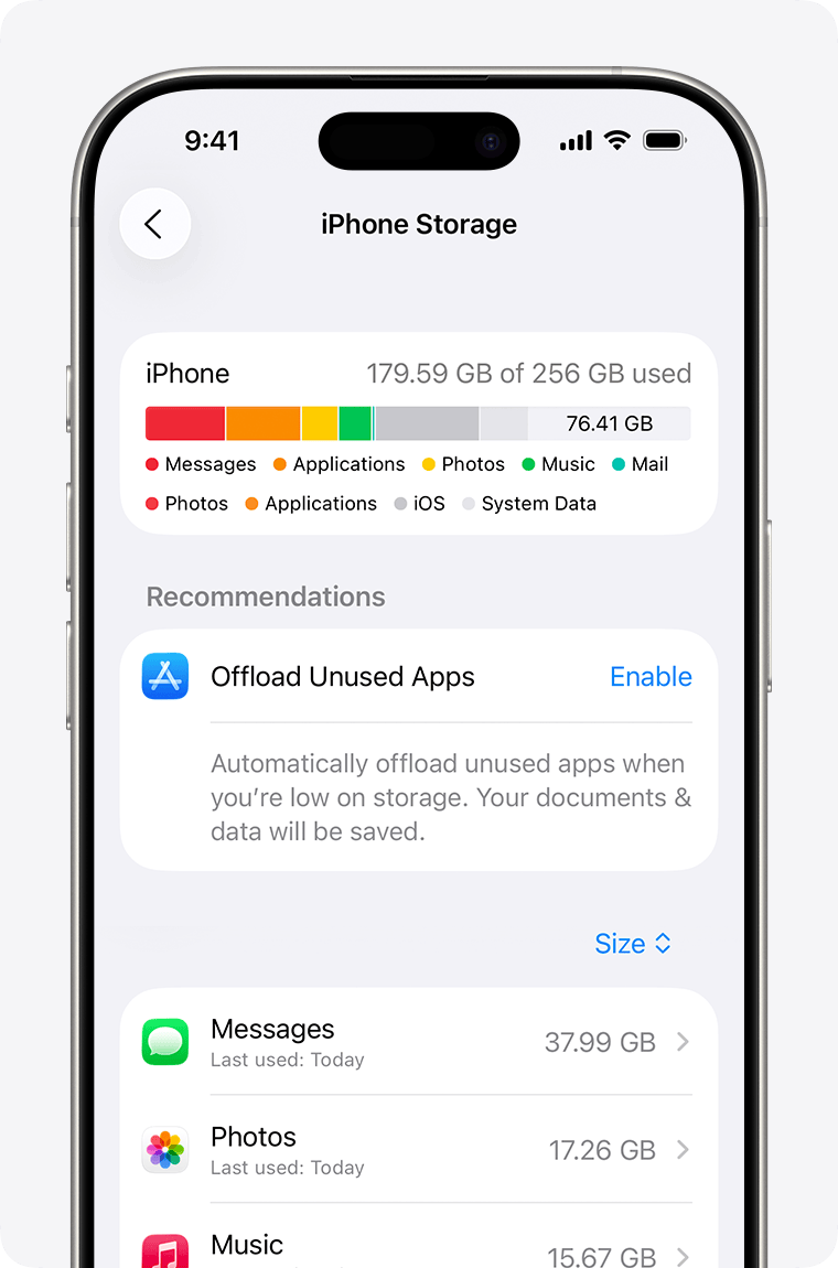 iPhone screen showing the amount of device storage you’ve used.
