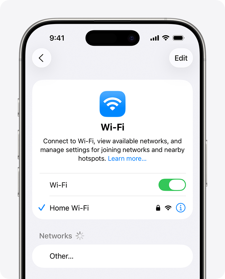 iPhone showing Wi-Fi settings with Wi-Fi enabled and a blue tick next to Wi-Fi Secure.