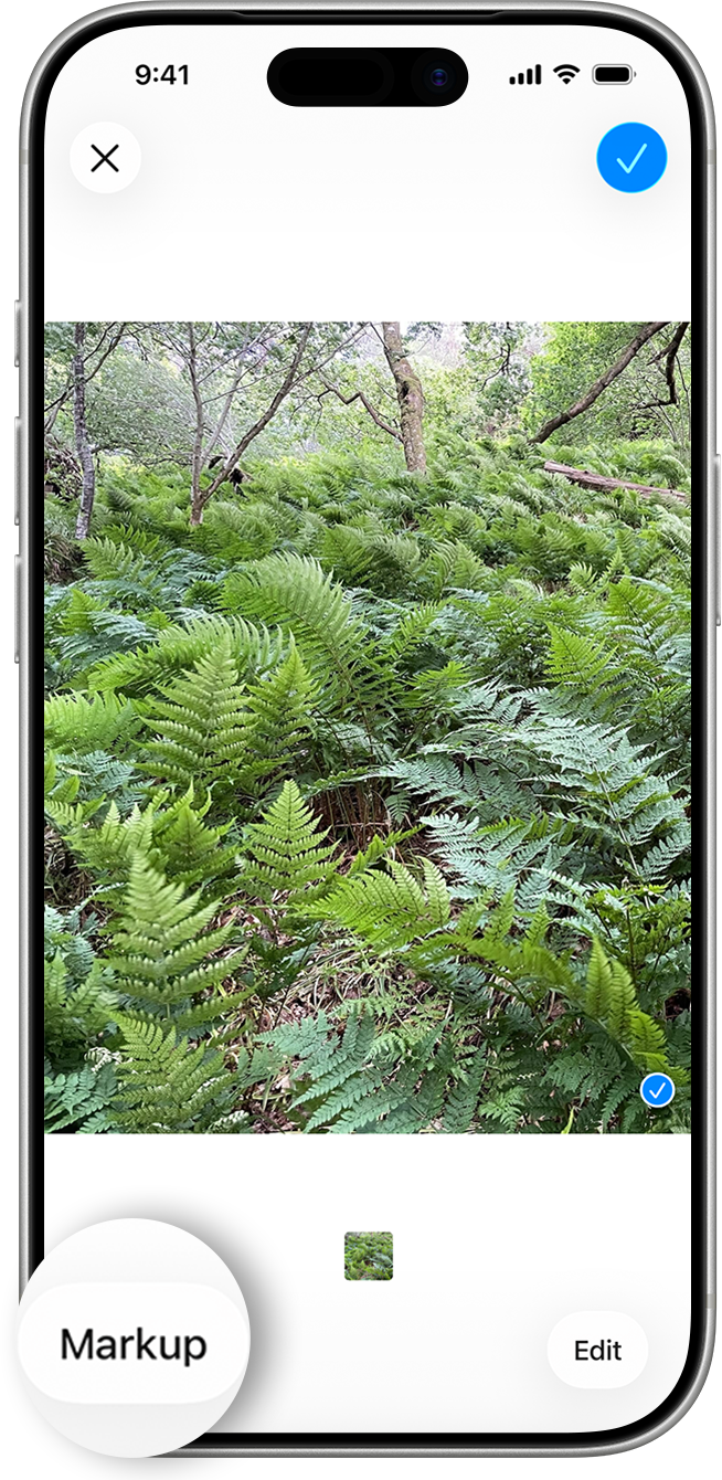 In Messages, tap a photo you want to add to your conversation to reveal the Markup button.