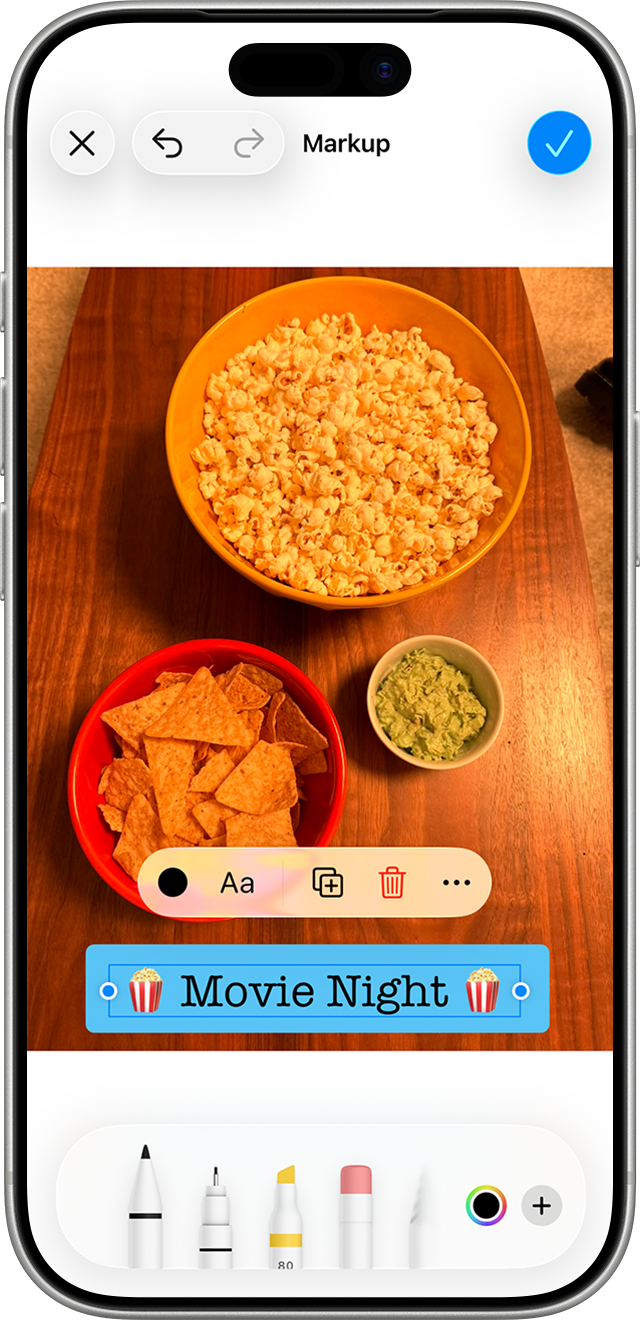 Use Markup to add text to an image in Photos.