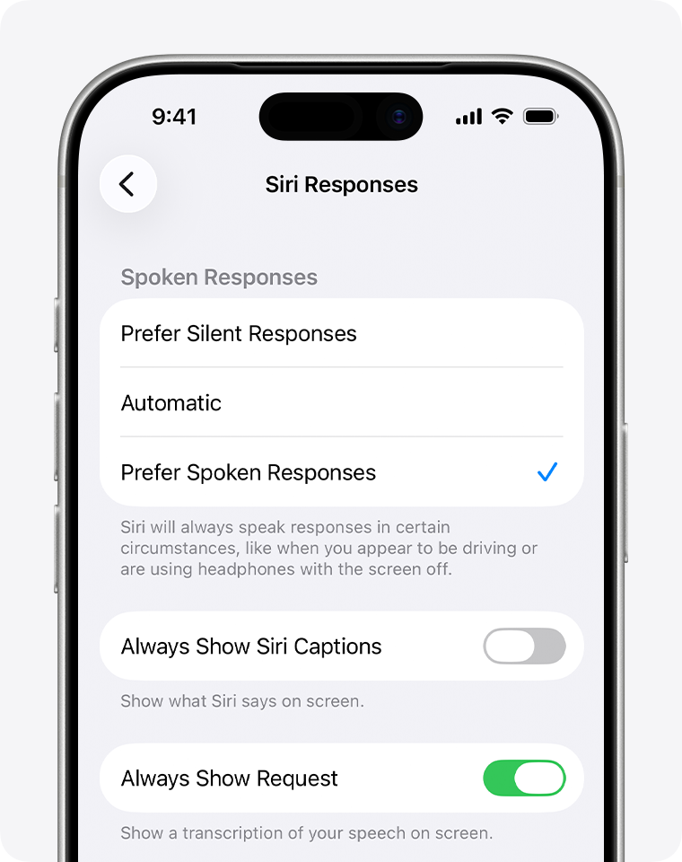 Siri Responses screen with "Prefer Spoken Responses" selected and the option turned on for "Always Show Request".