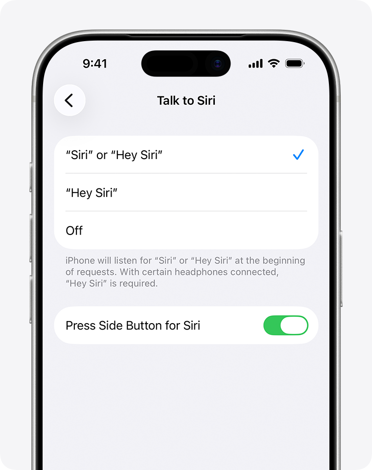 Talk & Type to Siri panel open, showing "Siri" or "Hey Siri" selected and the options turned on for Press Side Button for Siri and Type to Siri.