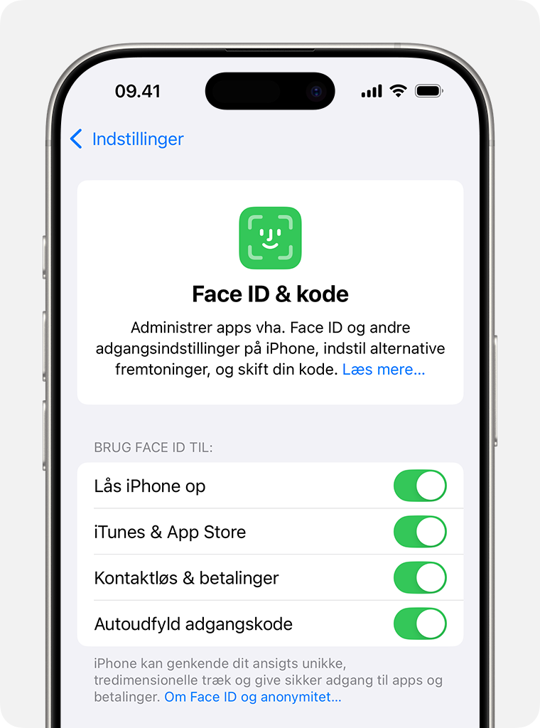 Siden med indstillinger til Face ID & kode i iOS.