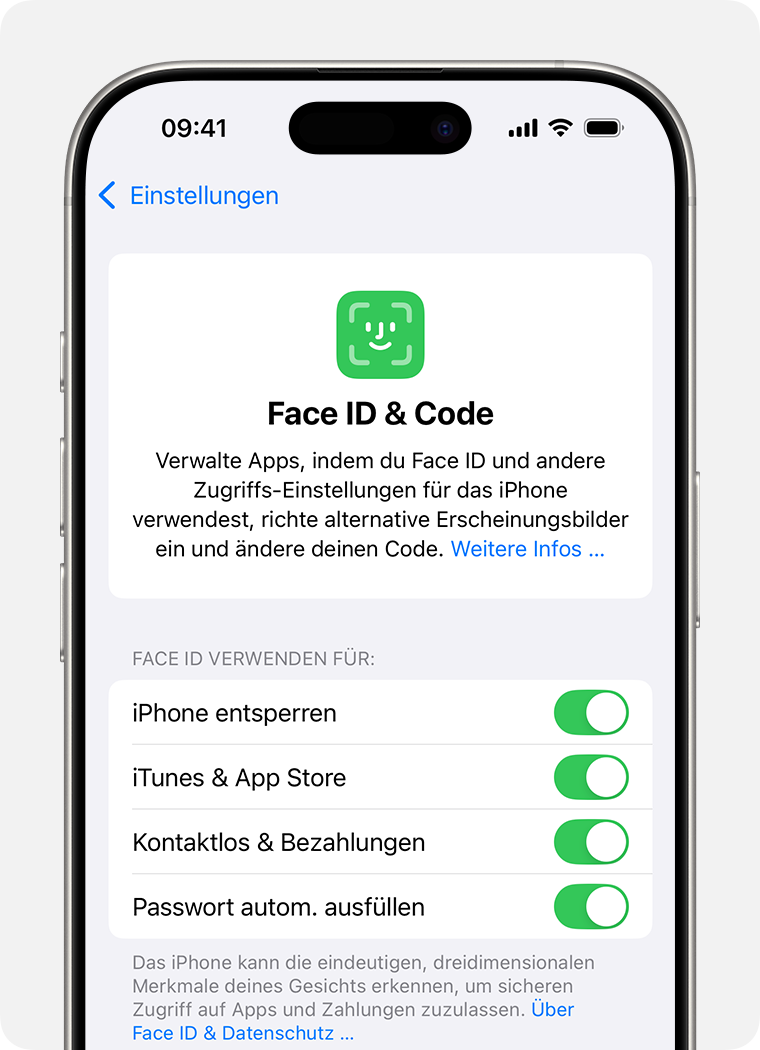 Die iOS-Einstellungsseite „Face ID & Code“.