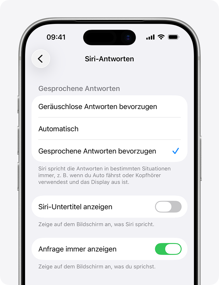 Bildschirm „Siri-Antworten“ mit ausgewählter Option „Gesprochene Antworten bevorzugen" und aktivierter Option für „Anfrage immer anzeigen“