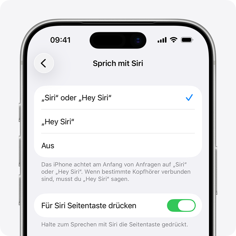 Geöffnetes Fenster „Siri-Anfragen sprechen & tippen“, in dem „Siri“ oder „Hey Siri“ ausgewählt und die Optionen „Für Siri Seitentaste drücken“ und „Siri-Anfragen tippen“ aktiviert sind.