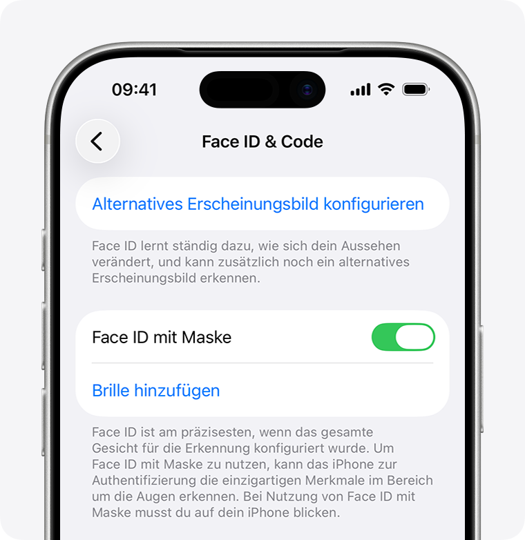 In den Einstellungen auf der Seite „Face ID & Code“ gibt es eine Option, um Face ID mit Maske zu aktivieren.