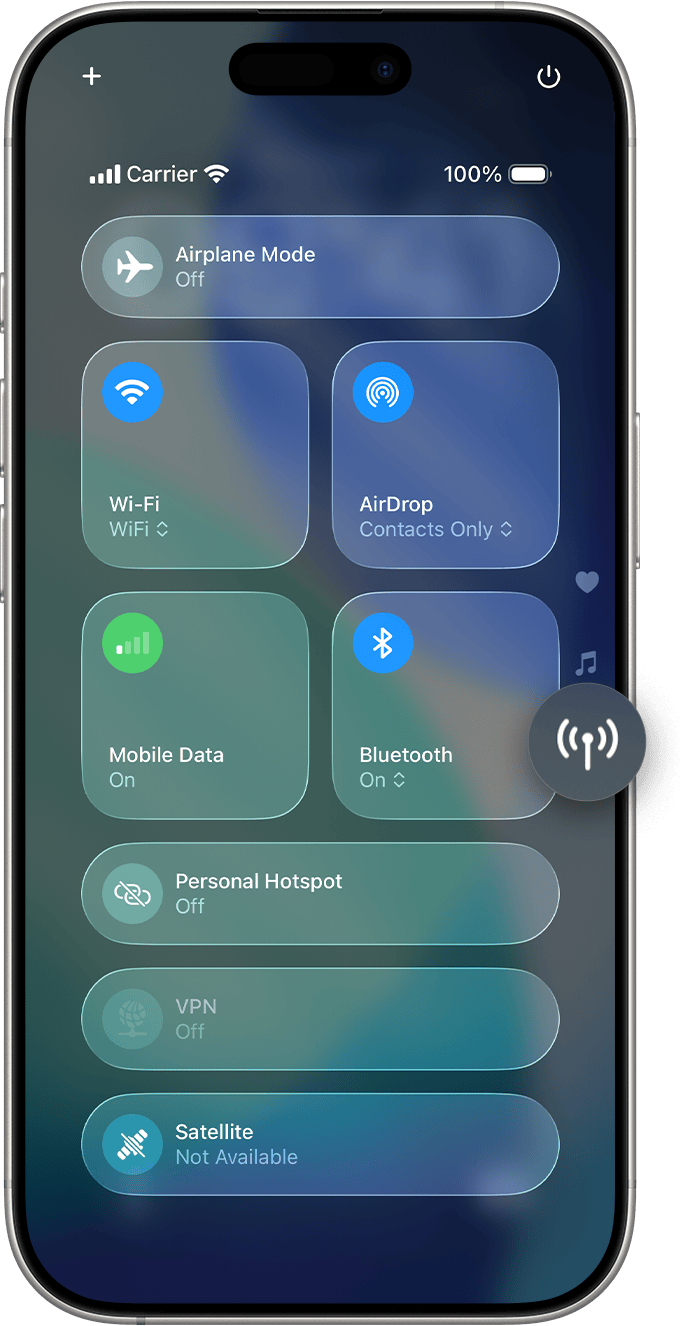 Control Centre on iPhone with the Connectivity button magnified on the right-hand side of the screen. The Satellite button at the end of the list.