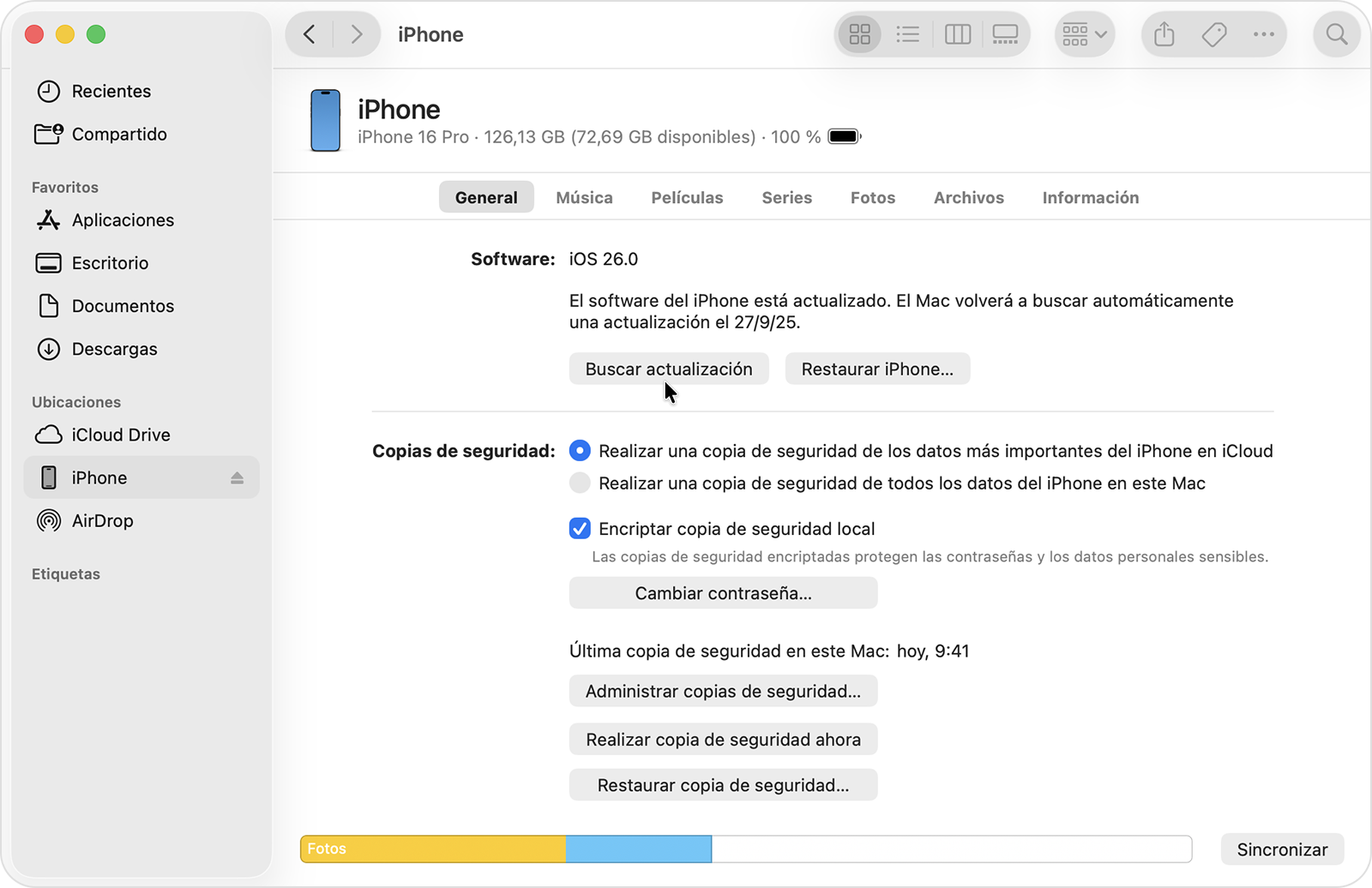 Cursor sobre el botón Buscar actualización en el Finder.