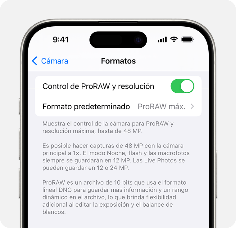 En iOS 17, puedes configurar la resolución de ProRAW en 12 MP o 48 MP.