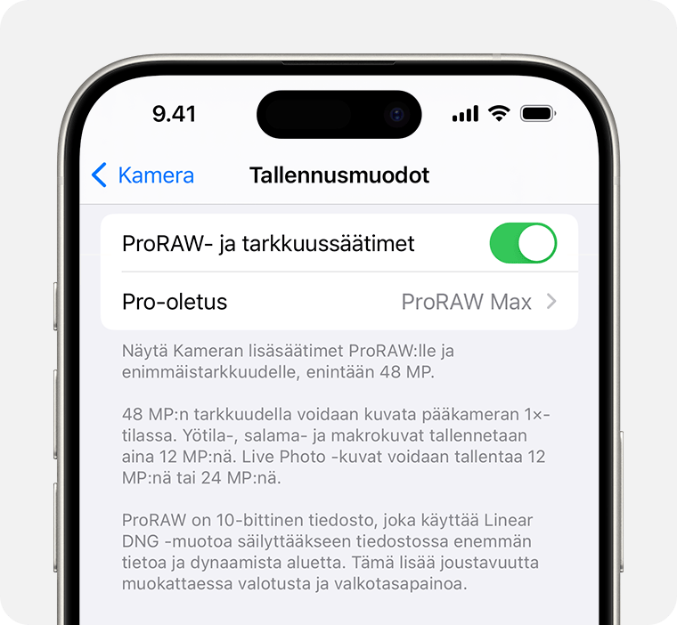 IOS 17:ssä voit asettaa ProRAW-tarkkuudeksi joko 12 megapikseliä tai 48 megapikseliä.