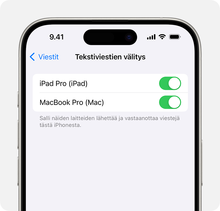 iPhone, jossa näkyy, miten viestien välitys otetaan käyttöön